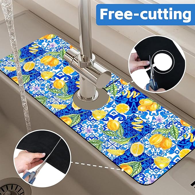 Blue Tiles and Yellow Lemon Sink Faucet Absorbing Mat Sink Splash Guard Faucet - Image 7
