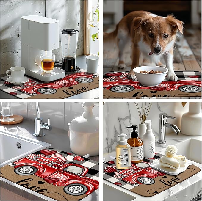 Valentines Dish Drying Mat Valentine Buffalo Plaid Hearts Kitchen Drying Pad - Image 7