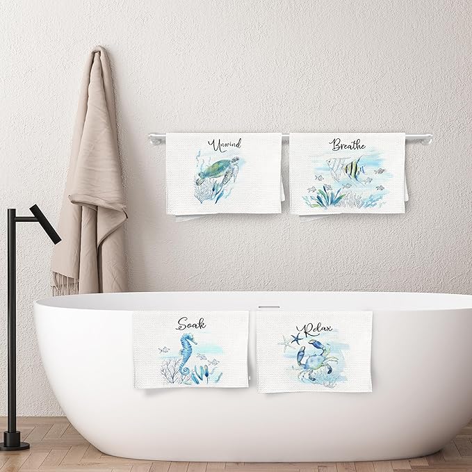 Watercolor Coastal Beach Hand Towels, Sea Horse Turtle Fish Crab Unwind Breathe - Image 6