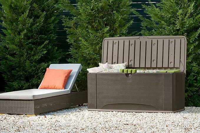 Rubbermaid Extra Large Resin Outdoor Storage Deck Box with Seat (120 Gal), Weather Resistant, Brown, Deck Organization for Home/Backyard/Pool Chemicals/Toys/Garden Tools/Porch/Patio Cushions - Image 10
