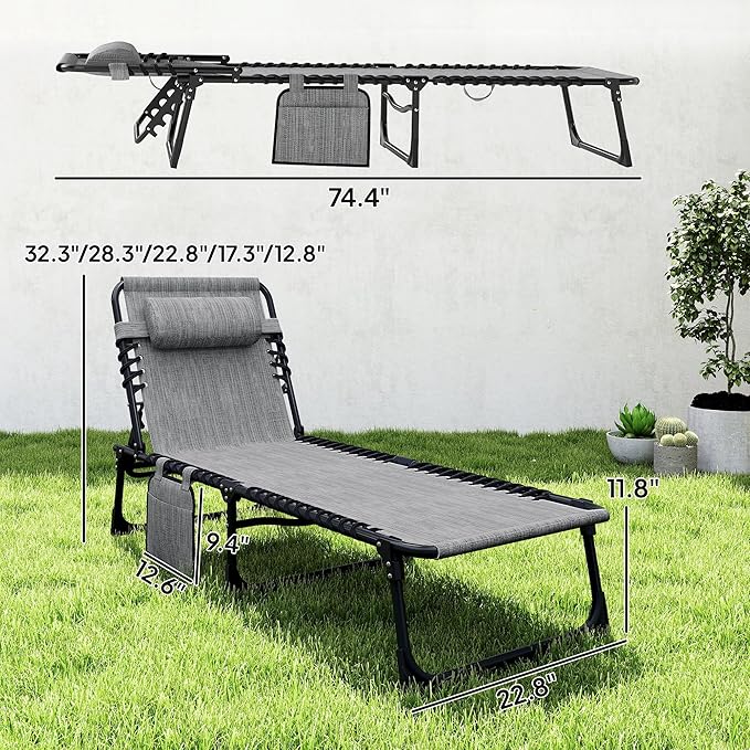 Outsunny Chaise Lounge Chair Outdoor, 5-Position Adjustable Sun Tanning Chair with Carrying Handle and Side Pocket, Folding Bed Cot with Removable Pillow for Garden, Beach, Patio, Pool, Camp, Gray - Image 7