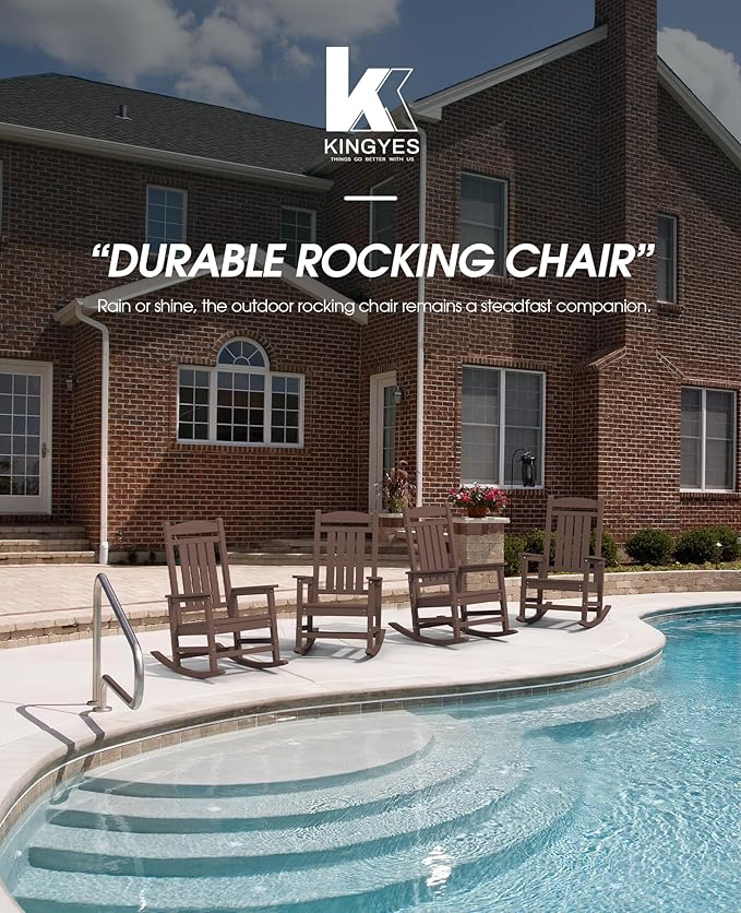 KINGYES HDPE Outdoor Rocking Chair Set of 4, All-Weather Poly Patio Rocking Chairs with 330lbs Support for Adults, Coffee Brown - Image 7