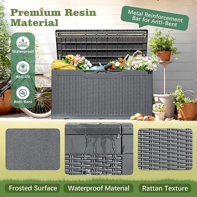 Flamaker Outdoor Storage Box 100 Gallon Waterproof Resin Deck Box Delivery Box with Air Rod Indoor Outdoor Lockable Storage Bench for Patio Cushions, Tools, Pool Accessories (Gray) - Image 3
