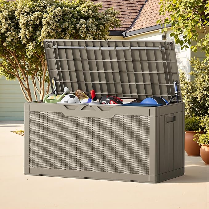 Greesum Outdoor Storage Box 100 Gallon Storage Bin with Lid for Patio Furniture, Garden Tools, Pool Supplies, Lockable, Waterproof and UV Resistant, Light Coffee - Image 3