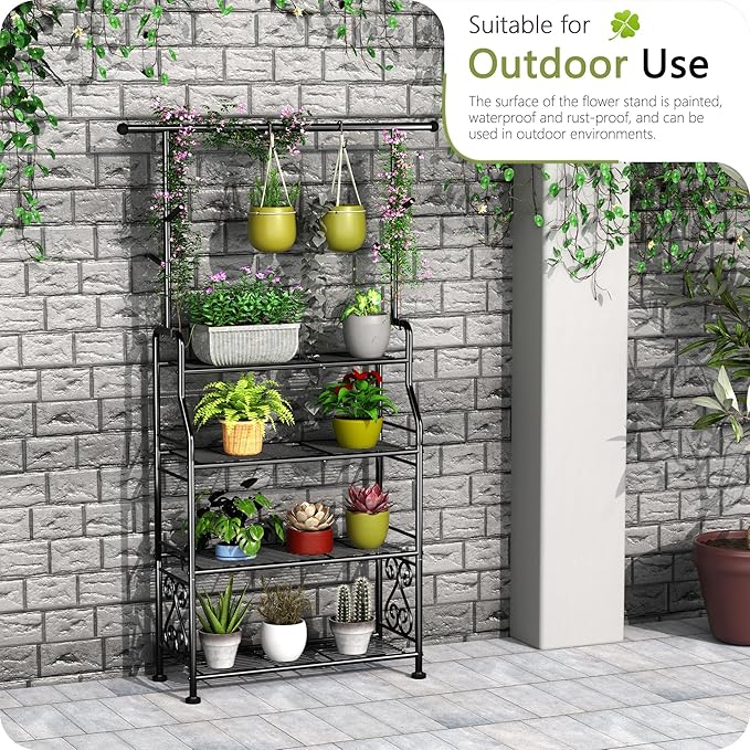 GIOTORENT Plant Stand Indoor Outdoor, 4-Tier Heavy Duty Metal Shelves, Display up to 17 Multiple Plants, Tall Plant Holder with Plant Hanger, Suit for Patio Living Room Garden Balcony, 5 Hooks, Black - Image 5