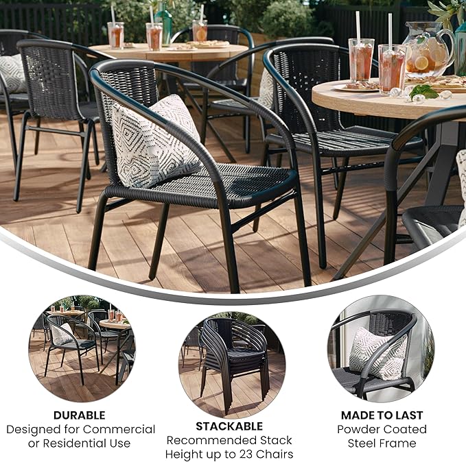 EMMA + OLIVER Set of 2 Modern Rattan Indoor/Outdoor Stack Chairs, Stacking Rattan Patio Chairs with Curved Back and Cross Bracing, Gray - Image 5