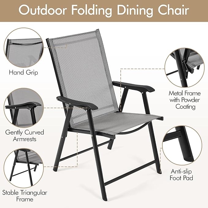 Yaheetech Patio Dining Chairs Set of 4 with Armrests, Outdoor Folding Chairs with Metal Frame and Backrest for Lawn, Garden, Yard and Poolside, Gray - Image 5