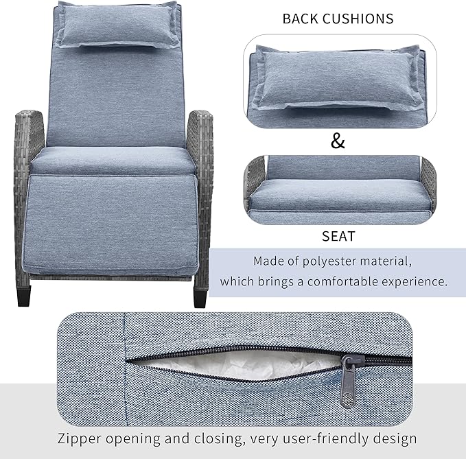 Outdoor Recliners Chair Set of 2 for Patio with Wicker Coffee Table, Comfort Cushion, Adjustable Angle Weatherproof Reclining Chairs for Courtyard, Swimming Pool, Balcony (Grey) - Image 4