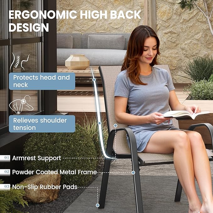 Patio Dining Chairs Set of 4, Stackable Dining Chairs High Back, Breathable Seat Fabric and Alloy Steel Frame for Backyard, Porch, Garden, Sunroom (Light Brown) - Image 6