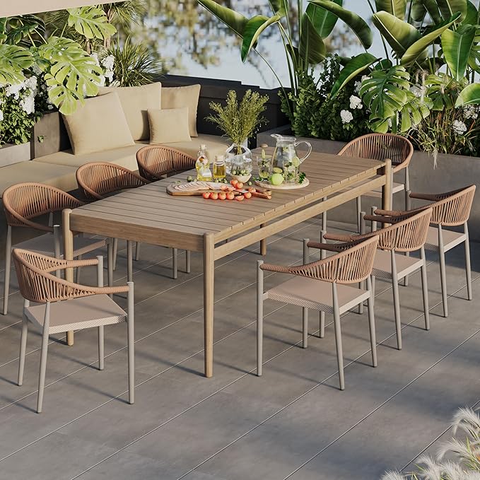 8 Pcs Stackable Patio Dining Chairs, Aluminum Rattan Outdoor Dining Chair with Arms, Woven Rope Garden Armchair Metal No Assembly for Bistro Balcony Porch Deck Yard Cafe Restaurant, Light Brown by Erotr