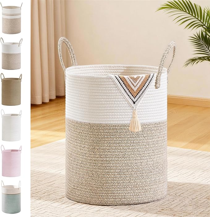Tall Laundry Basket with Handles, 53L Portable Dirty Clothes Hamper, Boho by SunNewt