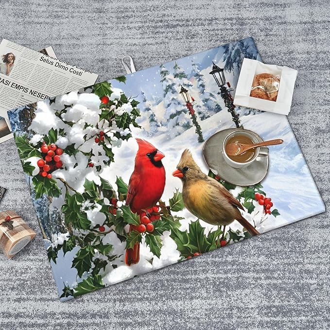Kitchen Drying Mat Winter Cardinal Birds Microfiber Dish Drainer Mat - Image 3