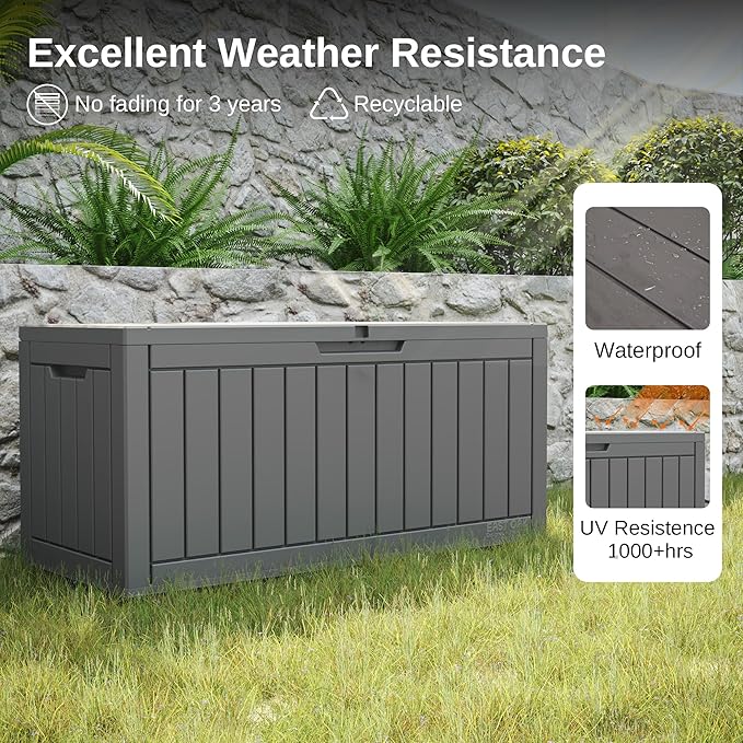 EAST OAK Outdoor Storage Box, 90 Gallon Deck Box, Waterproof Resin Storage Bin for Patio Cushions, Gardening Tools, Lockable, UV Resistant, Grey - Image 3
