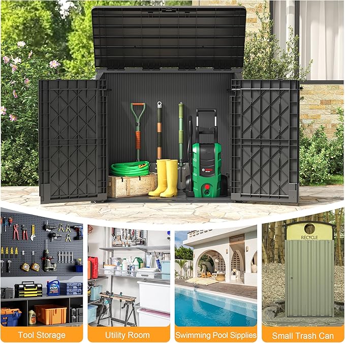 LHBcraft Outdoor Storage Cabinet 36 Cu Ft with Lockable Doors, Portable Horizontal Resin Storage Shed - Easy to Assemble, Waterproof Small Storage Shed with Floor Black - Image 6