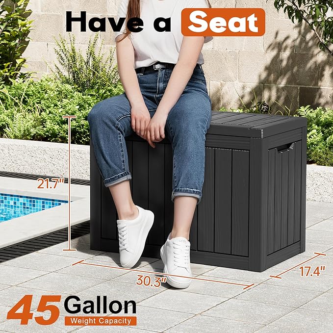 Outdoor Storage Box, Resin Deck Boxes Indoor and outdoor, Waterproof Storage Box Lockable Lid (Black, 45 Gallon) - Image 2
