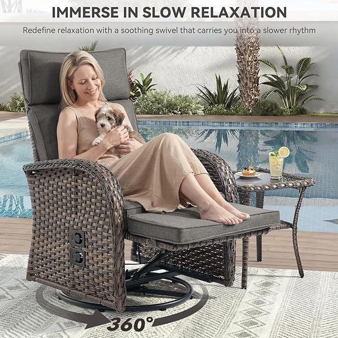 Zero Gravity Patio Swivel Rocking Recliner Chair - Wicker Outdoor Lounge Chair with Adjustable Backrest & Footrest, All Weather Reclining Rocker Chairs with Thick Cushion for Pool Deck Gray - Image 4