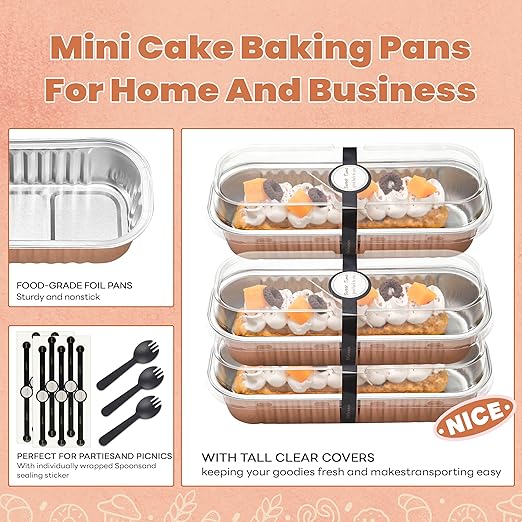 50 PACK Mini Cake Pans with Lids and Spoons, Rectangular Aluminum Foil Bread Pan - Image 5
