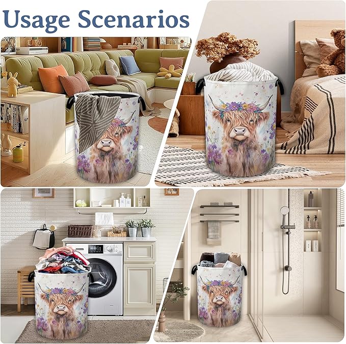 Highland Cow Laundry Basket, Foldable Oxford Cloth Flower Funny Laundry Hamper - Image 7