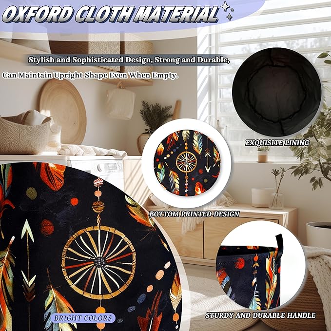Boho Feather Printed Laundry Basket Foldable Oxford Cloth Colorful Laundry - Image 6