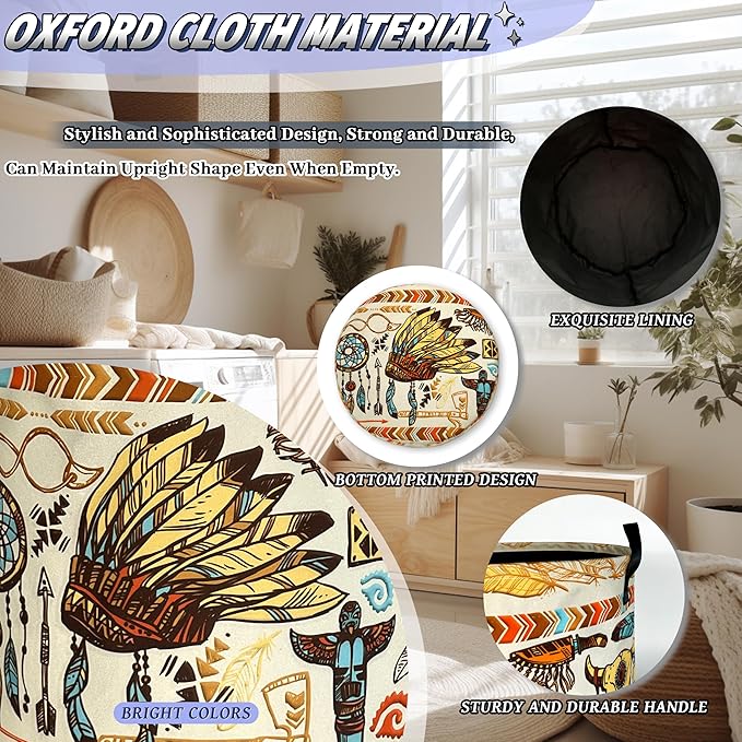 Feather Printed Laundry Basket Oxford Cloth Foldable Boho Laundry Hamper - Image 6