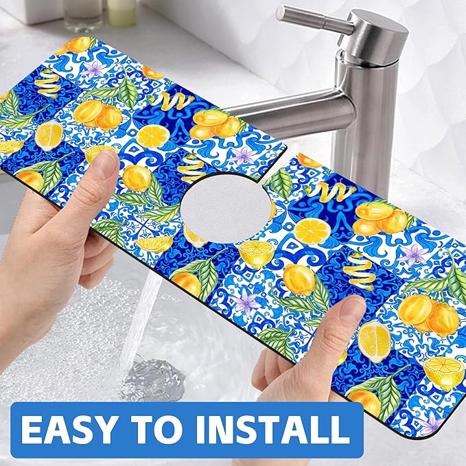 Blue Tiles and Yellow Lemon Sink Faucet Absorbing Mat Sink Splash Guard Faucet - Image 6
