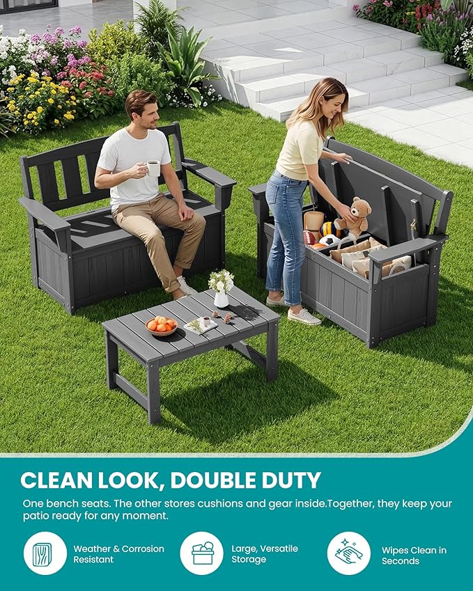 SERWALL HDPE Outdoor Storage Bench, All-Weather, UV-Resistant Deck Box with Waterproof Storage Bags, 57 Gallon Dual-Use Seat & Organizer Deck Boxes for Patio, Garden Tools & Pool (Gray) - Image 8