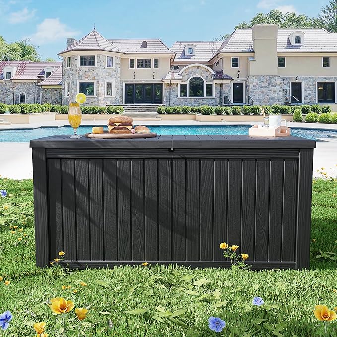 ROJIK Outdoor Storage Housing Deck Box - Waterproof Patio Furniture, Garden Tools, Cushions, Pool Accessories Storage Bench with Lockable Lid and Side Handles (Black, 200 Gal) - Image 3
