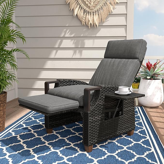 Grand patio Outdoor Recliner with Independent Adjustable Back and Footrest, Air Pump 150° Lay Flat Reclining Chair Removable Olefin Cushion Flip-Up Table Wicker Grey 1PC by GrandPatio