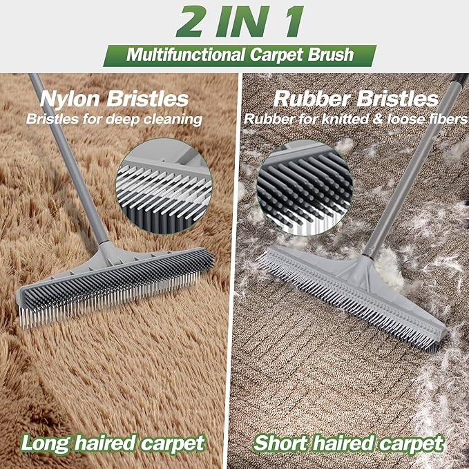 Walensee Rubber Broom, 2 in 1 Rubber Broom and Nylon Carpet Rake Brush - Image 2