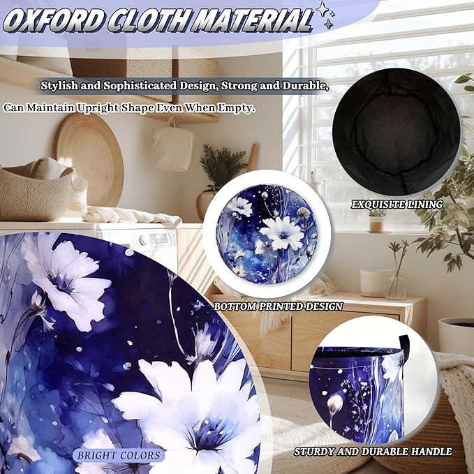 Blue Daisy Flower Laundry Basket Foldable Oxford Cloth Watercolor Floral - Image 6