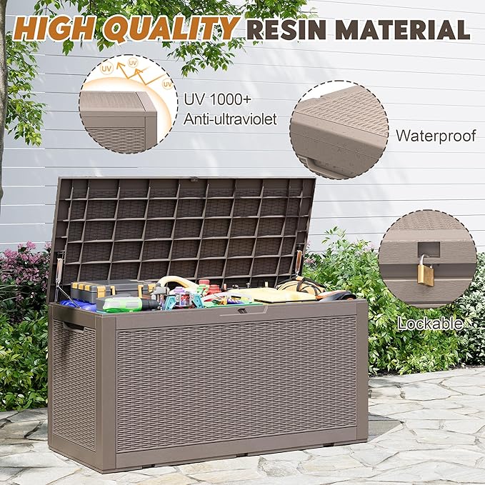 Outdoor Storage Box, Resin Deck Boxes Indoor and outdoor, Waterproof Storage Box Lockable Lid (Grey, 101 Gallon) - Image 3