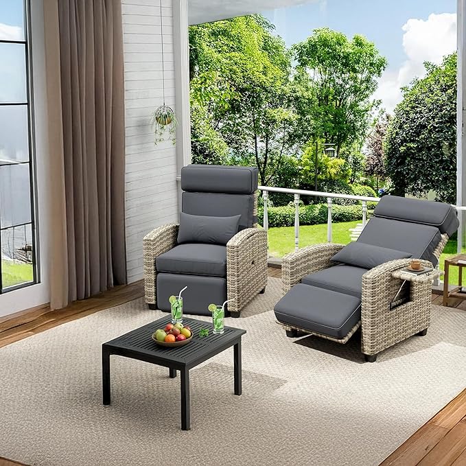 Towallmark Adjustable Rattan Recliner Chair, Patio Lounge Chairs with Cushion, Outdoor Porch Chaise with Flip Up Side Table & Footrest for Porch, Outside Balcony, Deck - Image 6