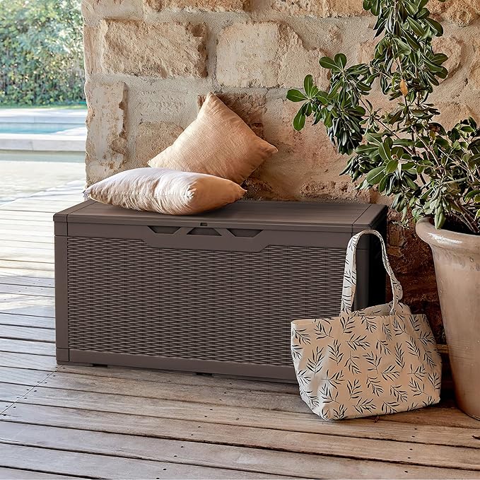 Greesum 100 Gallon Resin Patio Storage Box for Garden Tools, Outdoor Furniture Cushions, Pool Supplies, Dark Brown - Image 2