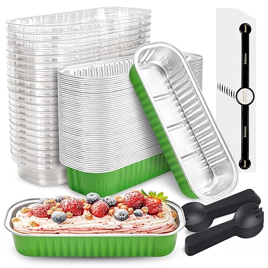 50 PACK Mini Cake Pans with Lids and Spoons, Rectangular Aluminum Foil Bread Pan by NPLUX