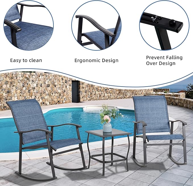 Vongrasig 3 Piece Outdoor Rocking Bistro Set, Textilene Fabric Small Patio Furniture Set, Front Porch Rocker Chairs Conversation Set with Glass Table for Lawn, Garden, Balcony, Poolside (Denim Blue) - Image 4
