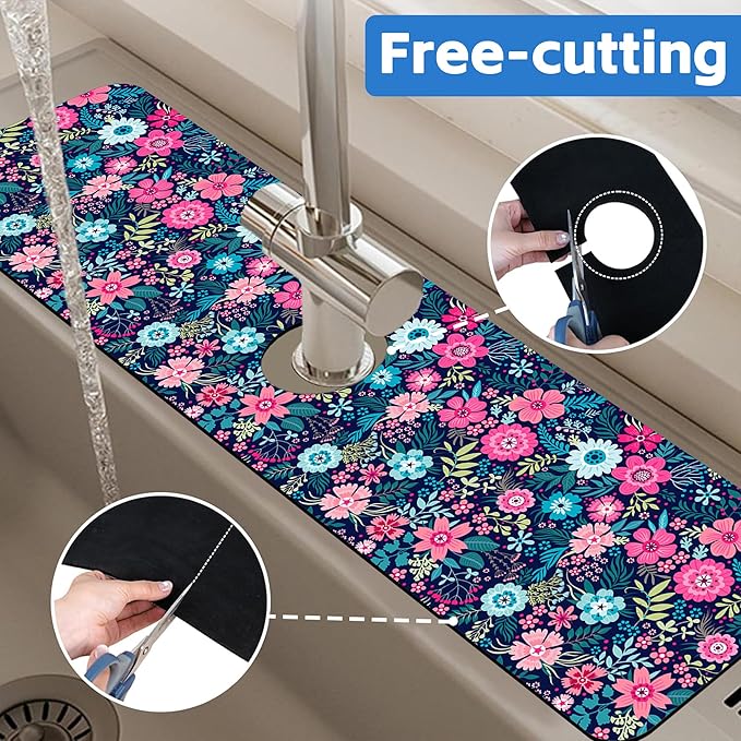 Modern Blue and Pink Floral Sink Faucet Absorbing Mat Sink Splash Guard Faucet - Image 7
