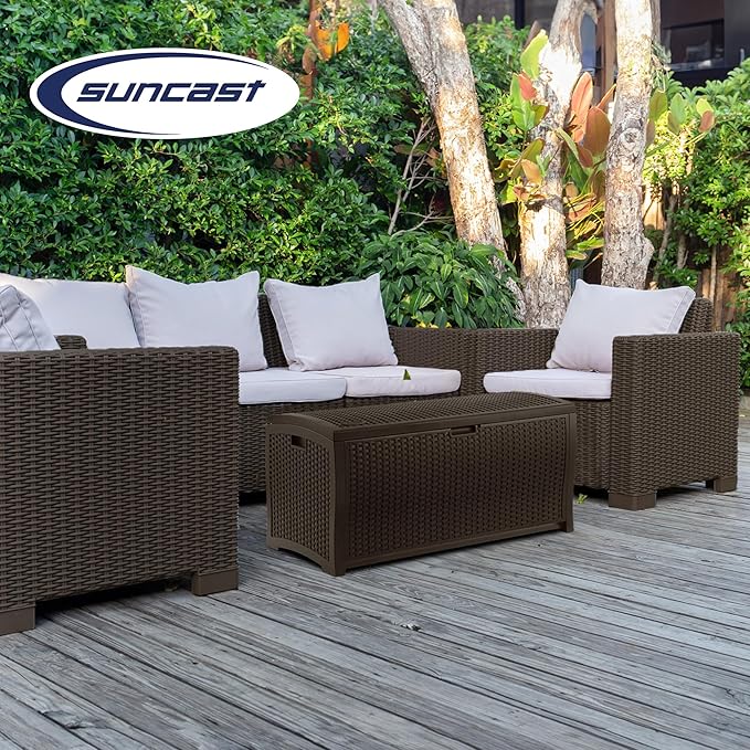 Suncast Outdoor Storage Box - 73 Gallon Mocha Brown Deck Box for Patio, Waterproof Outdoor Storage Bench, Resin Wicker Style, Heavy-Duty, Lockable Lid for Cushions, Shoes, Pool & Garden Gear - Image 6