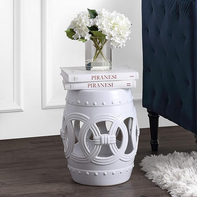 JONATHAN Y TBL1022A Lucky Coins 16" Chinese Ceramic Drum Indoor/Outdoor Garden Stool, Bohemian, Coastal, Cottage, French Country, Traditional, Spill-Proof, Living Room, Garden Room, Patio, White - Image 2