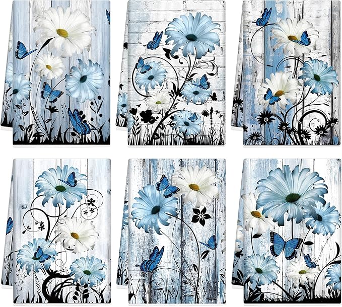 Breling Set of 6 Blue Daisy Kitchen Towel Vintage Themed Dish Towel Bathroom by Breling
