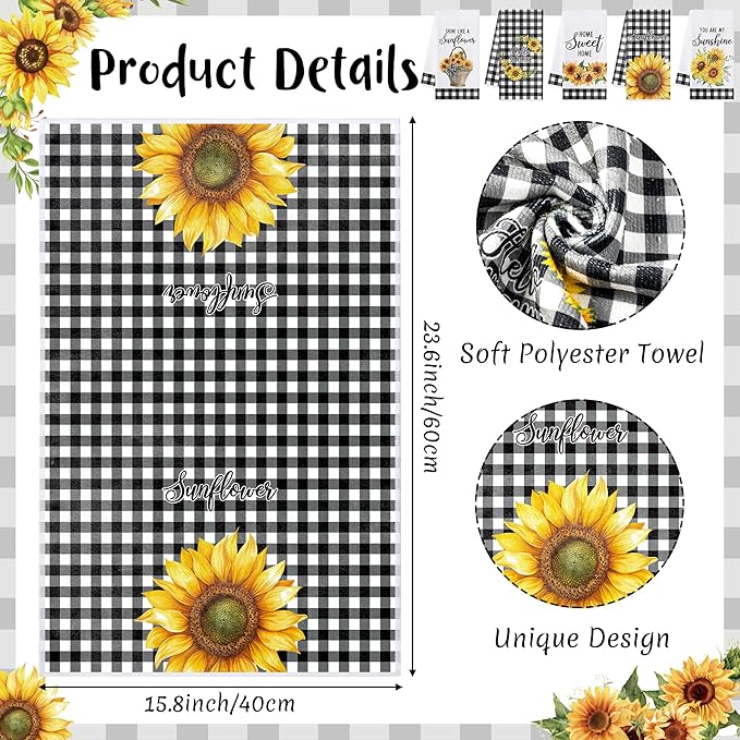 R HORSE 5Pcs Sunflower Kitchen Towels Decorative Set, Summer Flower Dishcloth - Image 2