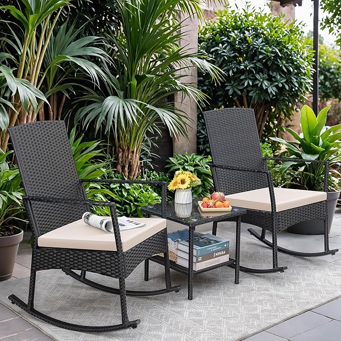 Greesum 3 Pieces Patio Furniture Set Outdoor Wicker Rocking Chairs with Glass Coffee Table for Garden Backyard Porch Poolside, Beige - Image 2
