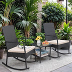 Greesum 3 Pieces Patio Furniture Set Outdoor Wicker Rocking Chairs with Glass Coffee Table for Garden Backyard Porch Poolside, Beige - Image 2