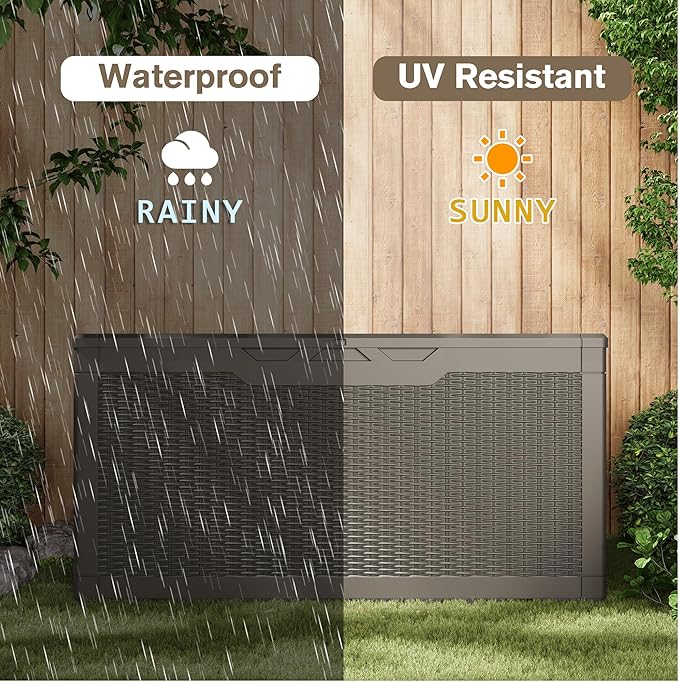 JUMMICO 100 Gallon Resin Deck Box, Waterproof Outdoor Storage Box with Lockable Lid for Garden Tools, Patio Cushions (Light Brown) - Image 3