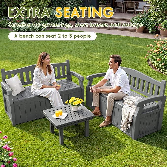 Greesum 80 Gallon Storage Bench Outdoor Deck Box with Armrest, Patio Furniture,Lockable, Waterproof and UV Resistant, Suitable for Garden, Pool, Grey - Image 7