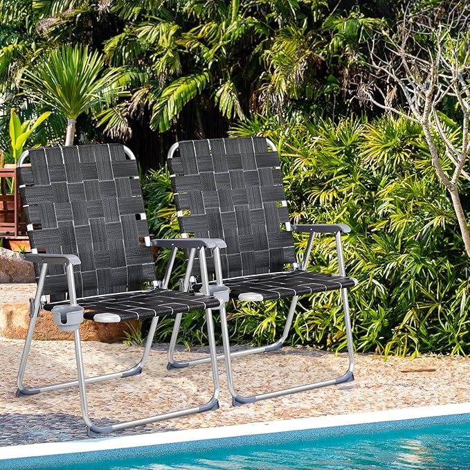 VINGLI Aluminum Oversize Patio Lawn Chairs Folding Set of 2 with Detachable Cup Holder, Webbed Beach Chair Folding Chair Outdoor Portable Camping Chair for Yard, Garden - Image 2