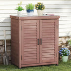 Outdoor Storage Cabinet & Potting Bench Table with Metal Top, Wooden Patio Furniture, Garden Workstation (Dark Brown, 36x31x17in) - Image 8