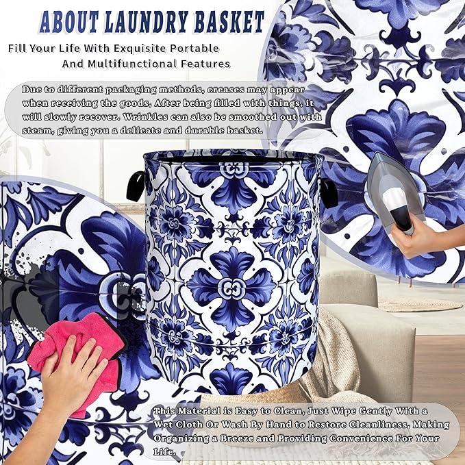 Blue and White Mexican Tile Laundry Basket Oxford Cloth Foldable Boho Laundry - Image 8