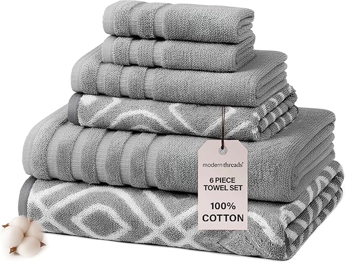 Modern Threads Oxford 6-Piece 100% Cotton Towel Set – Yarn Dyed Jacquard & by ModernThreads