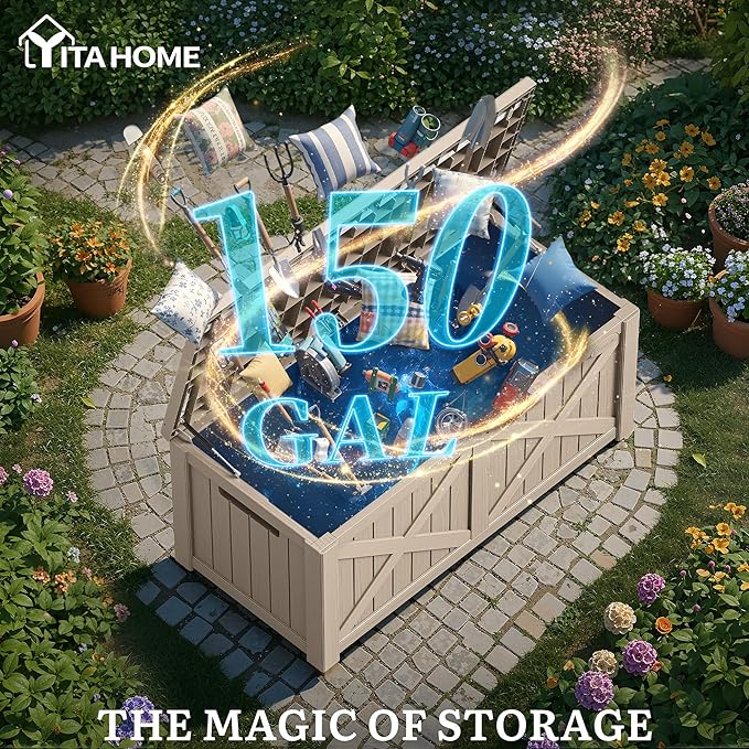 YITAHOME 150 Gallon Large Deck Box with X-Shaped Front, Resin Outdoor Storage Boxes, Waterproof Cushion Storage Bench for Patio, Pool Supplies, Garden Tools - Lockable, Taupe - Image 2