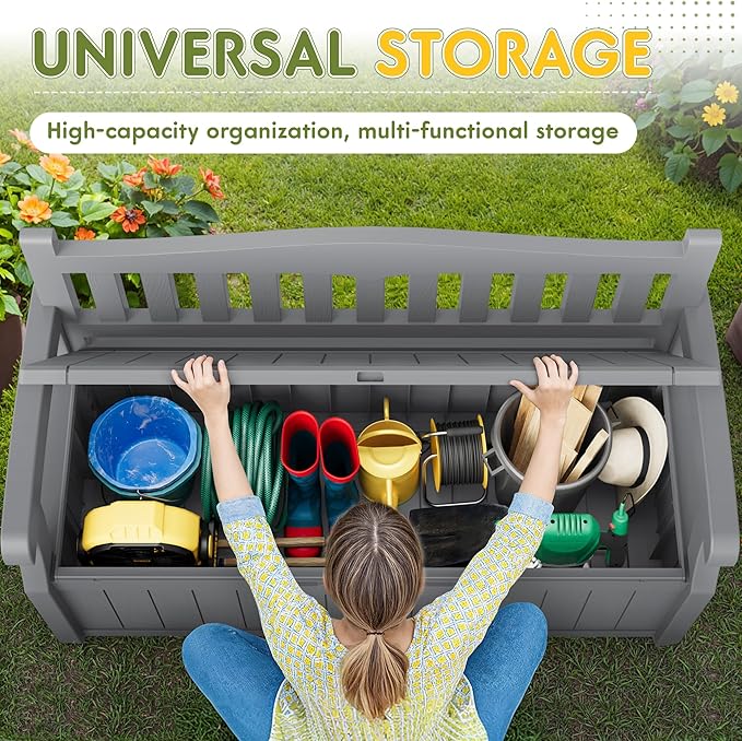 Greesum 80 Gallon Storage Bench Outdoor Deck Box with Armrest, Patio Furniture,Lockable, Waterproof and UV Resistant, Suitable for Garden, Pool, Grey - Image 5